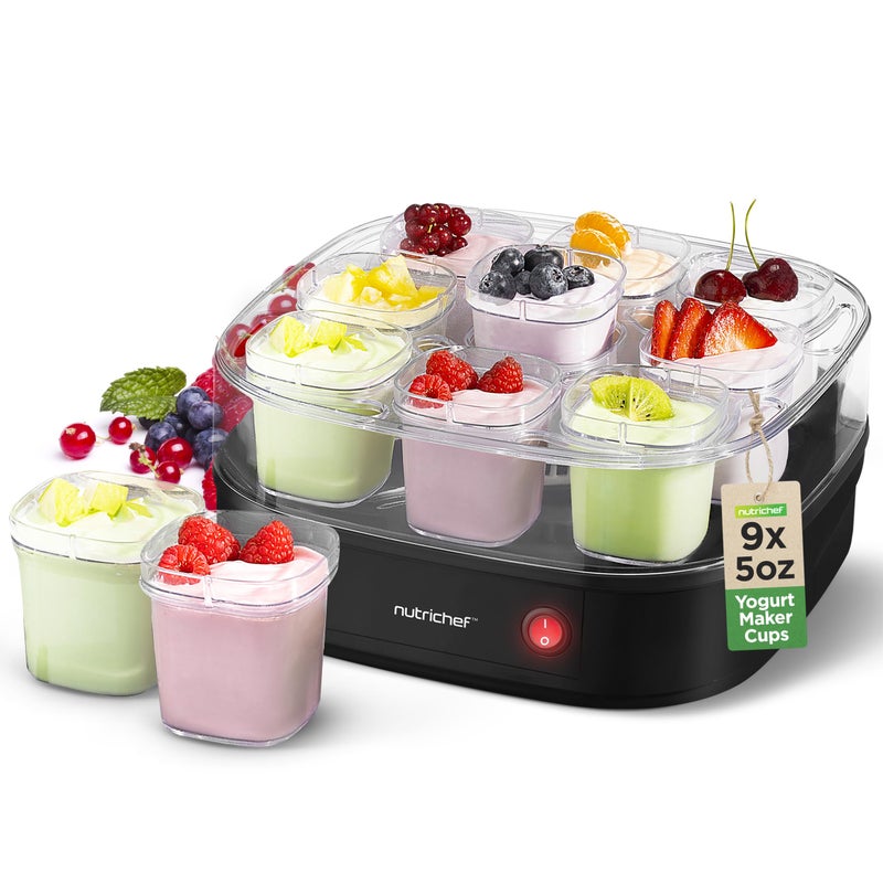 Nutrichef 9 Cup Automatic Yogurt Maker | Includes 9 - 5 Oz Reusable Cups With Lids & Yogurt Rack For Instant Storage | Makes Up To 45 Oz Of Yogurt | Greek Yogurt Maker | Space Saving Design | Black - Image 1